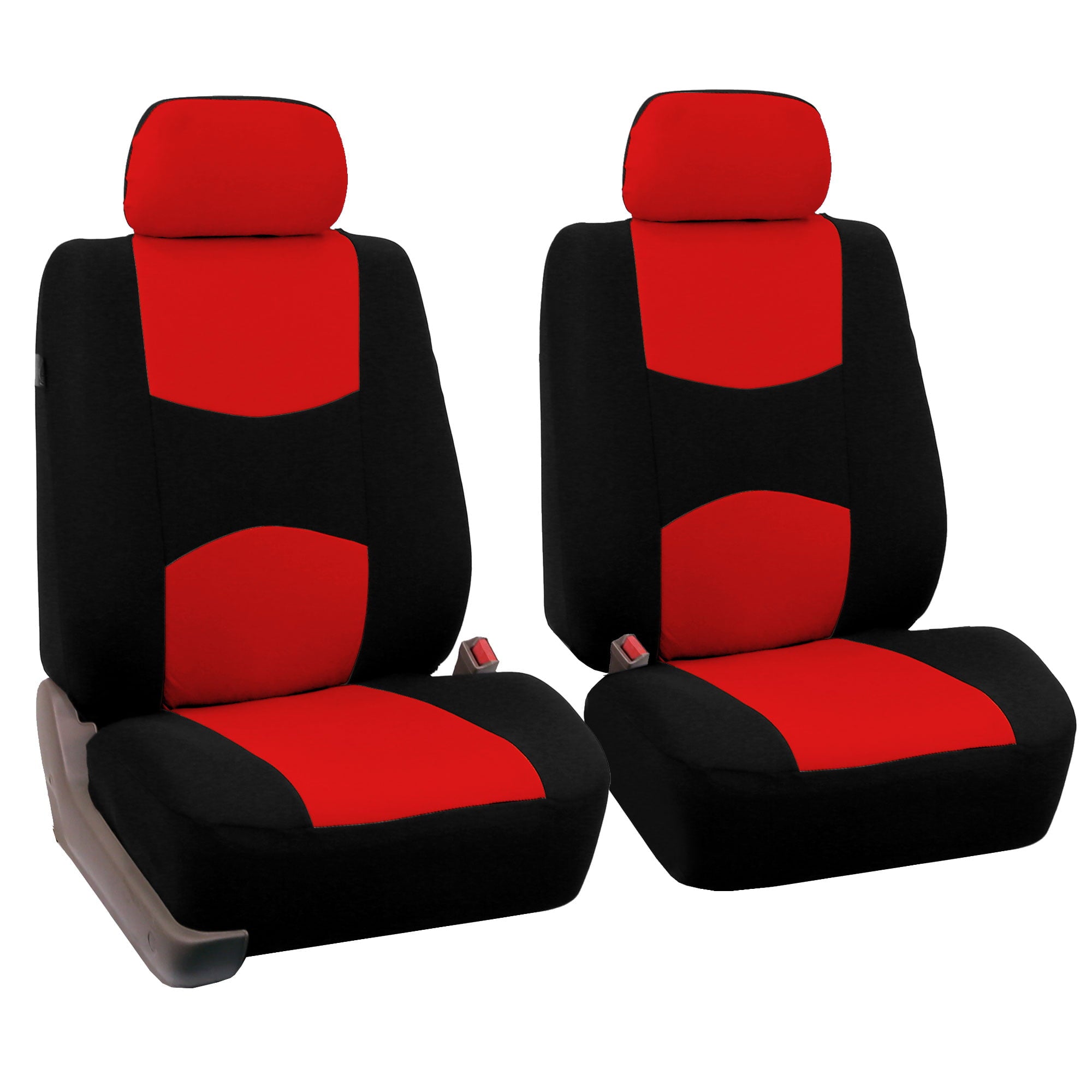 FH Group Universal Flat Cloth Fabric Car Seat Cover， 5 Headrests Full Set， Red and Black