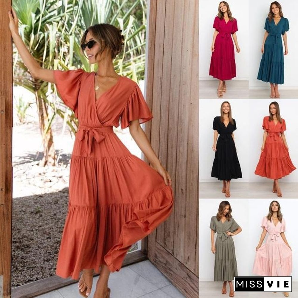 Boho Beach Vacation Summer Women Dresses New Solid V-Neck Short Ruffle Sleeve Lace-up Swing High Waist A-line Long Dress