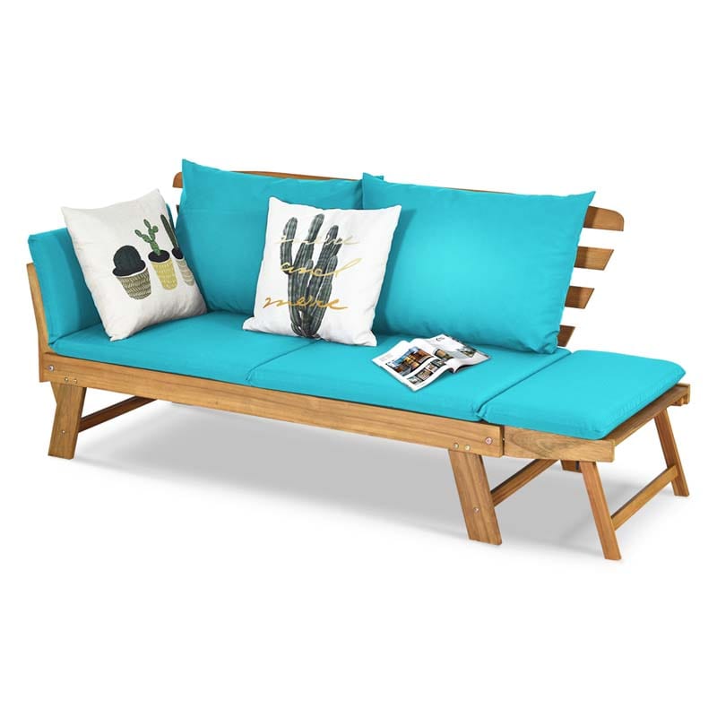 Acacia Wood Patio Daybed Convertible Couch Sofa Bed, Outdoor Folding Chaise Lounge Bench with Adjustable Armrest