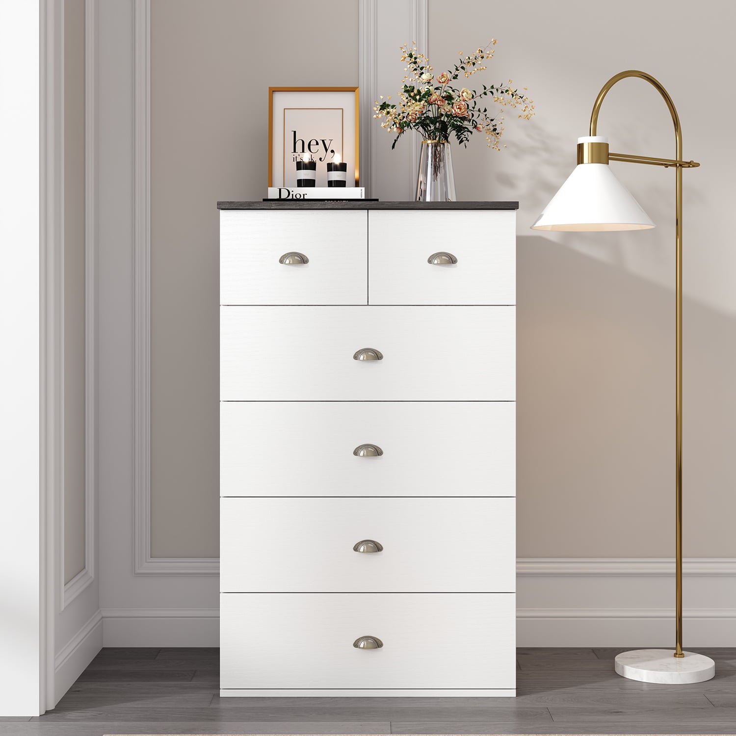 White Chest of Drawers with Locks on 2-Top Chest of Drawers, 6 - Drawer Dresser