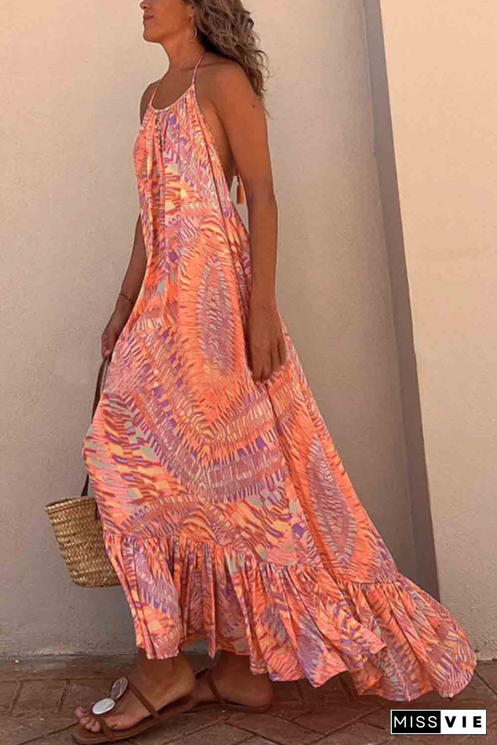 Orange Geometric Print Tassel Tie Halterneck Maxi Dress