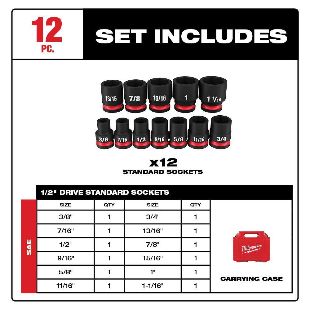 MW SHOCKWAVE 12 in. Drive SAE 6 Point Impact Socket Set (12-Piece) 49-66-7010