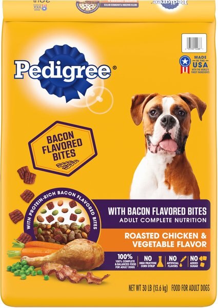 Pedigree Roasted Chicken and Vegetable Flavor w/Bacon Flavored Bites Adult Dry Dog Food， 18-lb bag