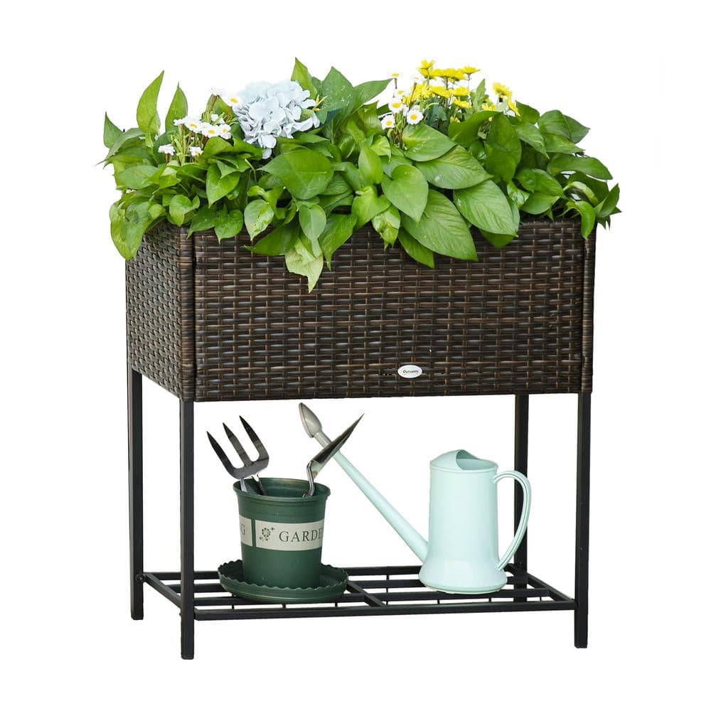 Outsunny Elevated Steel Brown Raised Garden Bed with Rattan Wicker Look， Underneath Tool Storage Rack 867-039