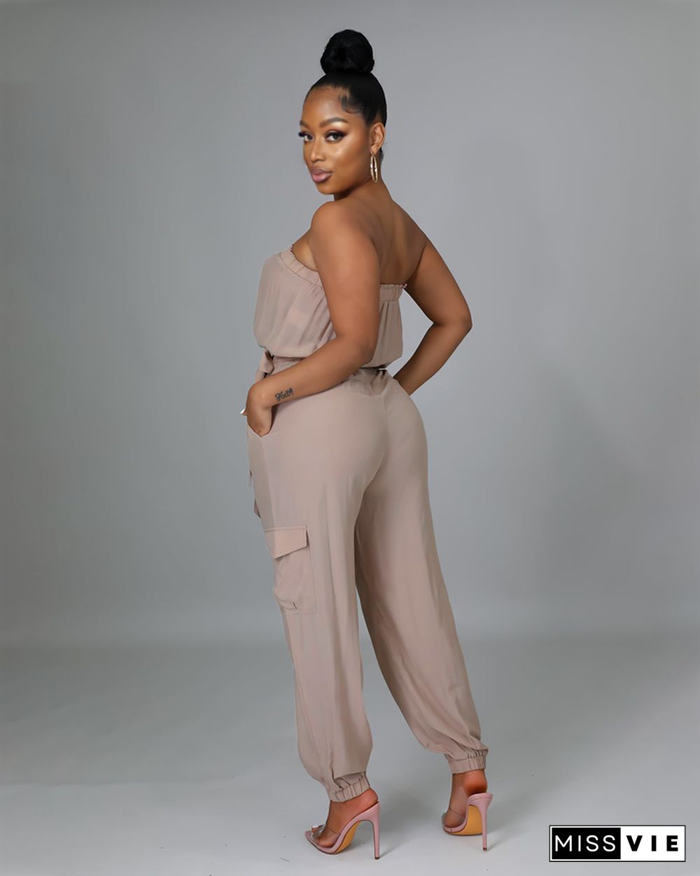 Pocket Design Belted Bandeau Jumpsuit