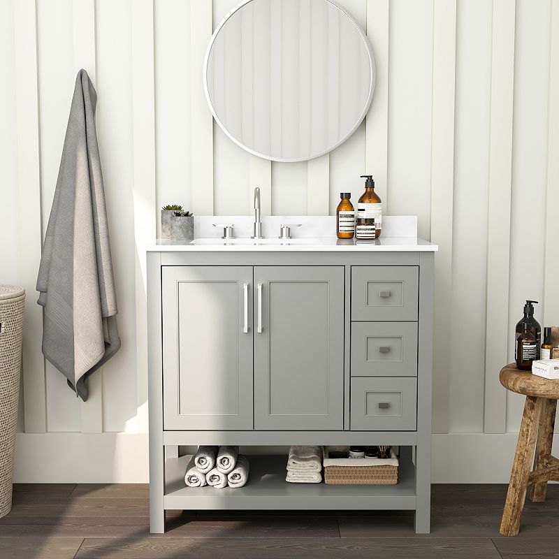 Merrick Lane Vigo Bathroom Vanity with Sink， Open Storage， and Storage Drawers