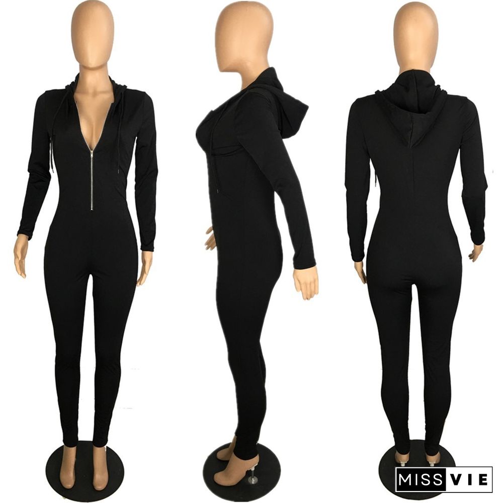 Leisure Women Front Zipper Hooded Tight Jumpsuit