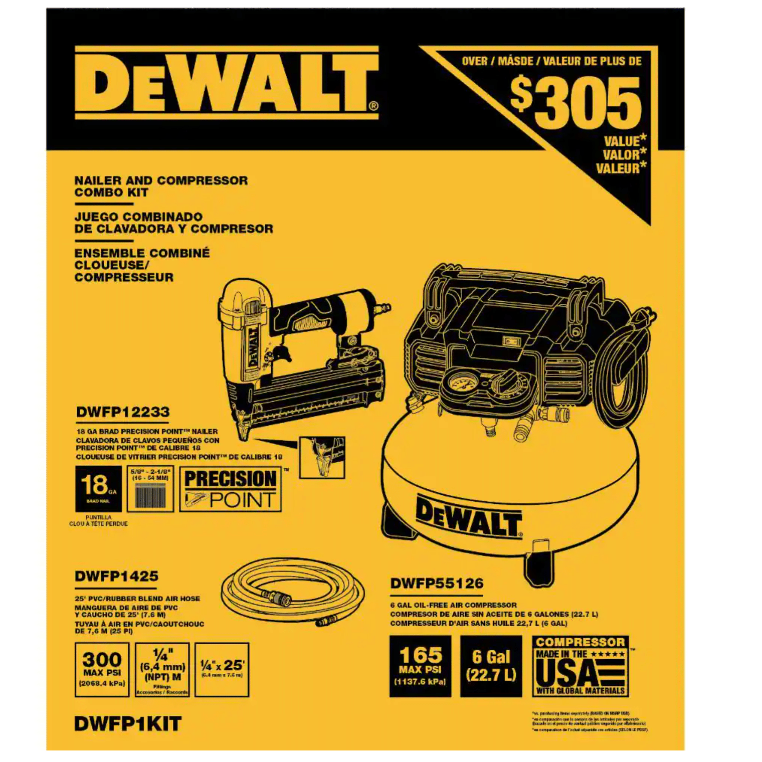 Dewalt 6 Gal. 18-Gauge Brad Nailer and Heavy-Duty Pancake Electric Air Compressor Combo Kit， 1-Tool (DWFP1KIT)