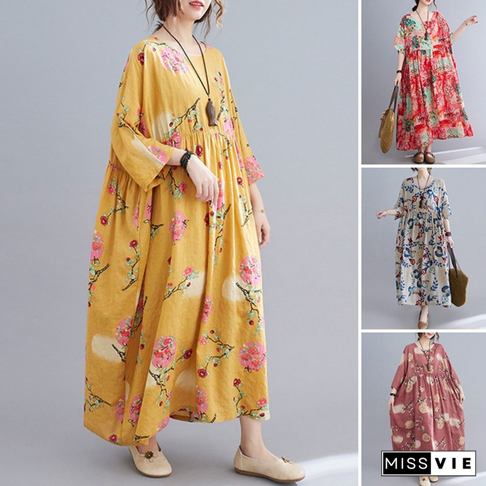 Women Summer Short Sleeve Floral Printed Sundress Casual Loose Long Dress