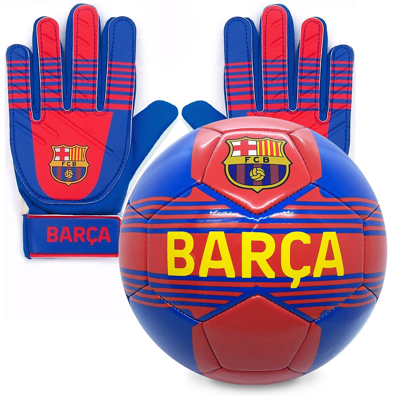 FC Barcelona Junior Size 4 Football and Goalkeeper Goalie Gloves Set OFFICIAL Gift