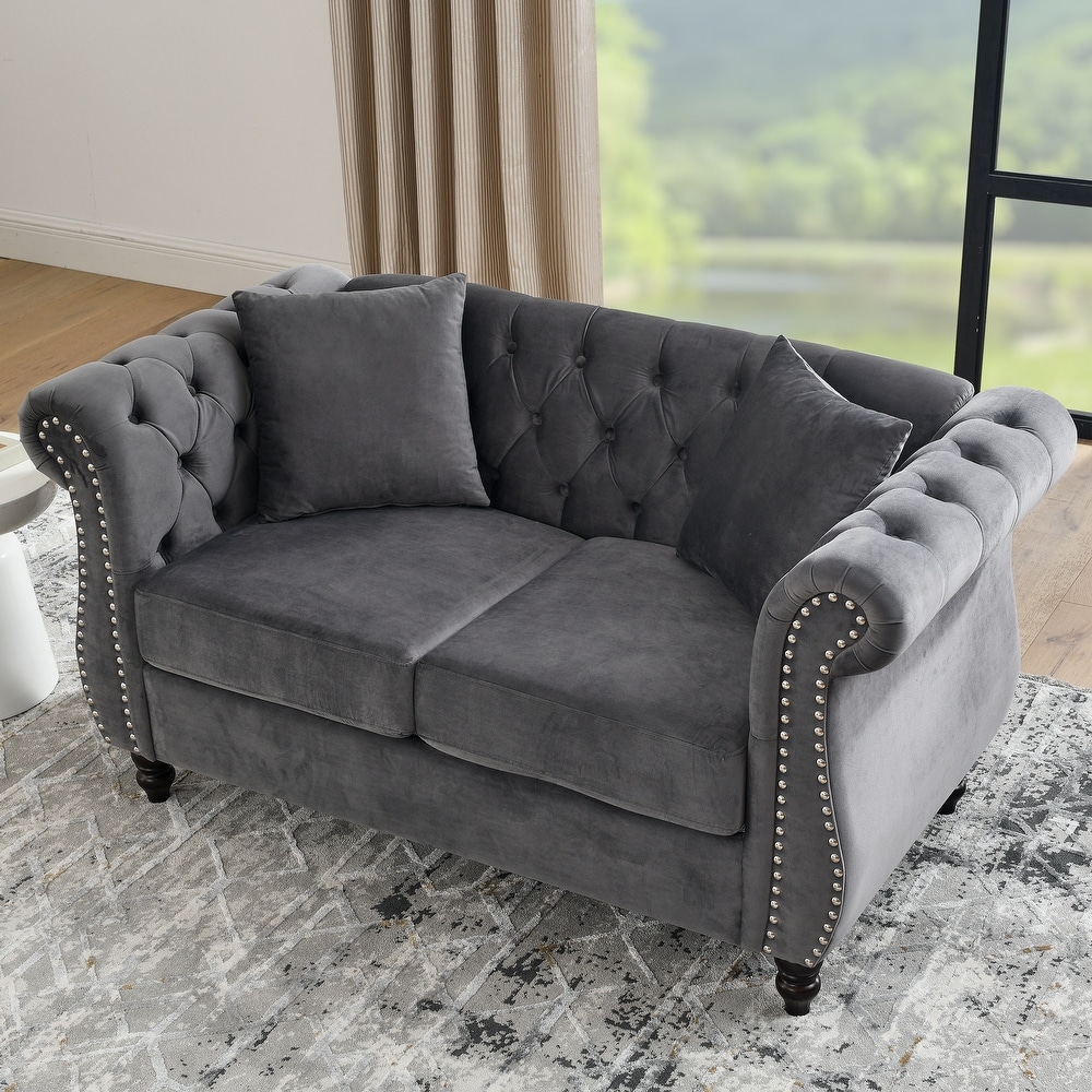 Grey Velvet Chesterfield Sofa Set with Nailhead Trim and Tufted Low Back  Includes Pillows  3 Seater Sofa + Loveseat