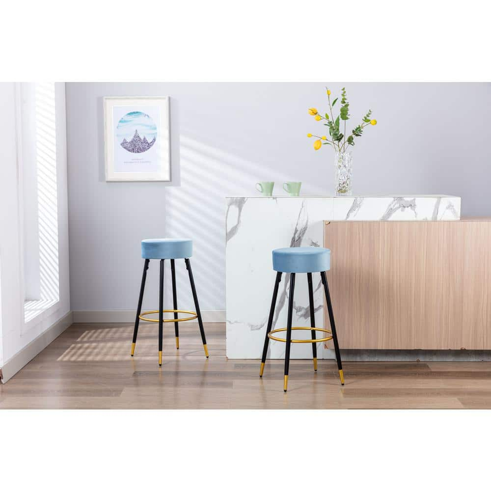 HOMEFUN 30 in. Light Blue Metal Frame Bar Stool with Velvet Seat (Set of 2) HFHDOF-052LB