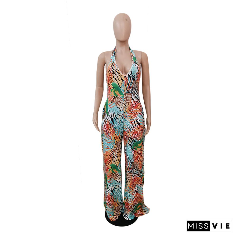 Elegant Leaf Printed Women Deep V Backless Halter Boho Sleeveless Casual Summer Wide Leg Jumpsuits