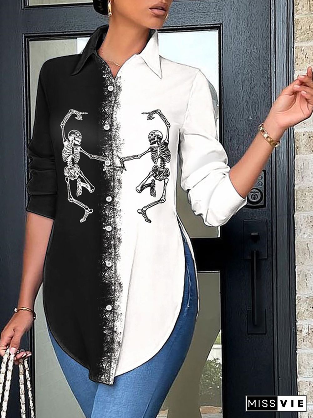 Casual Loose Contrast Color Printed Split-Side Polo Blouses&Shirts Tops