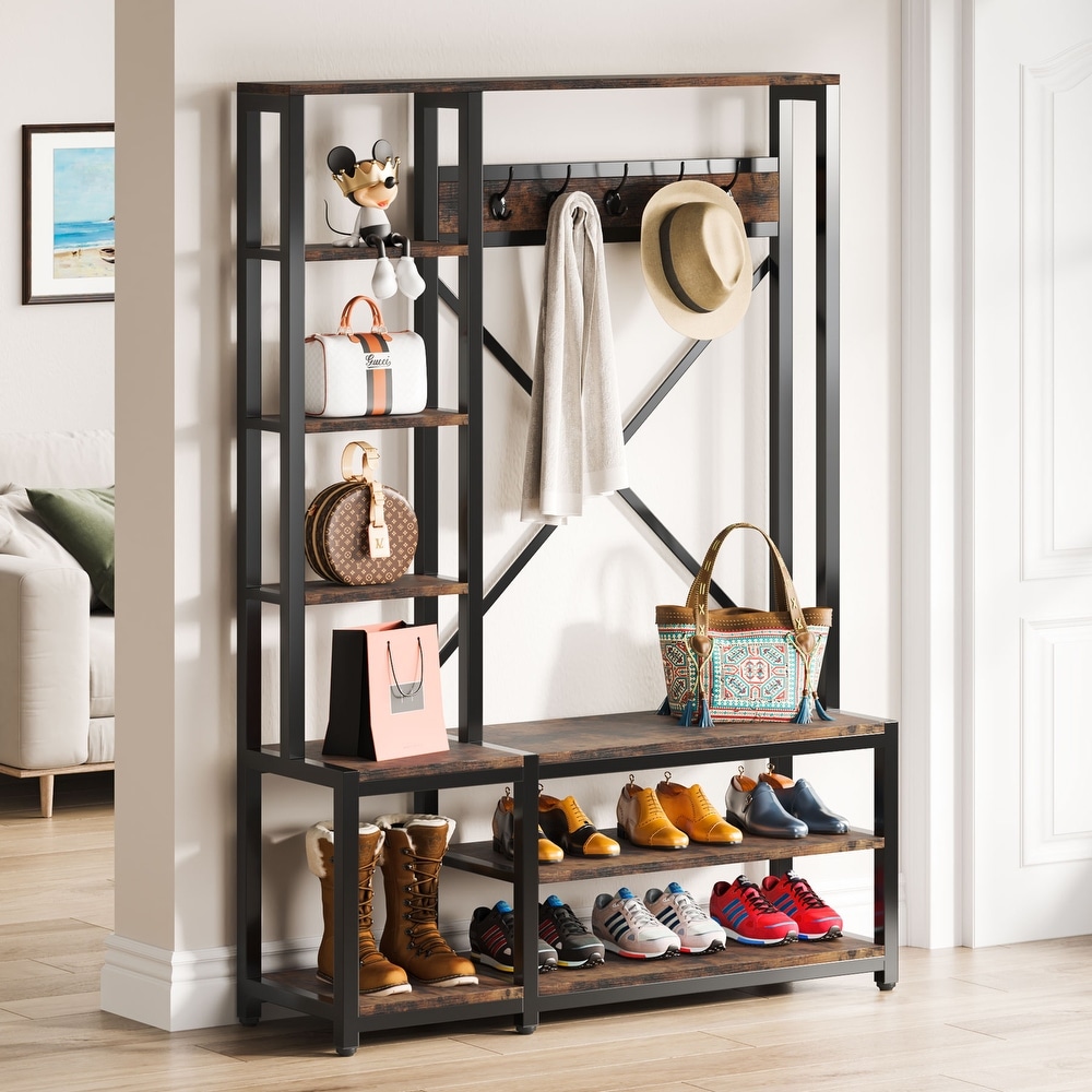 Entryway Hall Tree Coat Rack with Shoe Bench and Side Storage Shelves