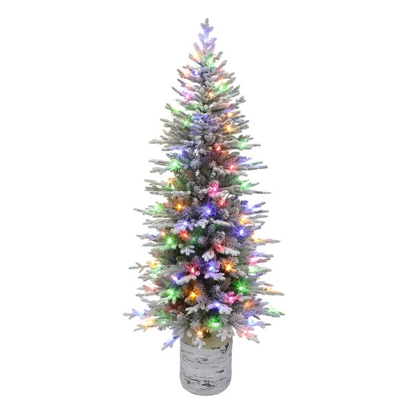 Puleo International 6 ft. Prelit Potted Flocked Arctic Fir Pencil Artificial Christmas Tree