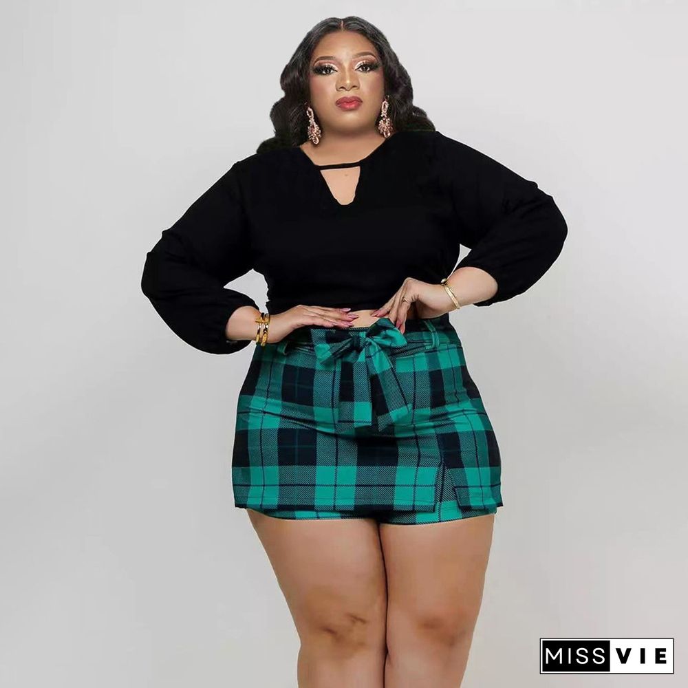 Plus Size Long Sleeve Crop Tops Plaid Skirts Set