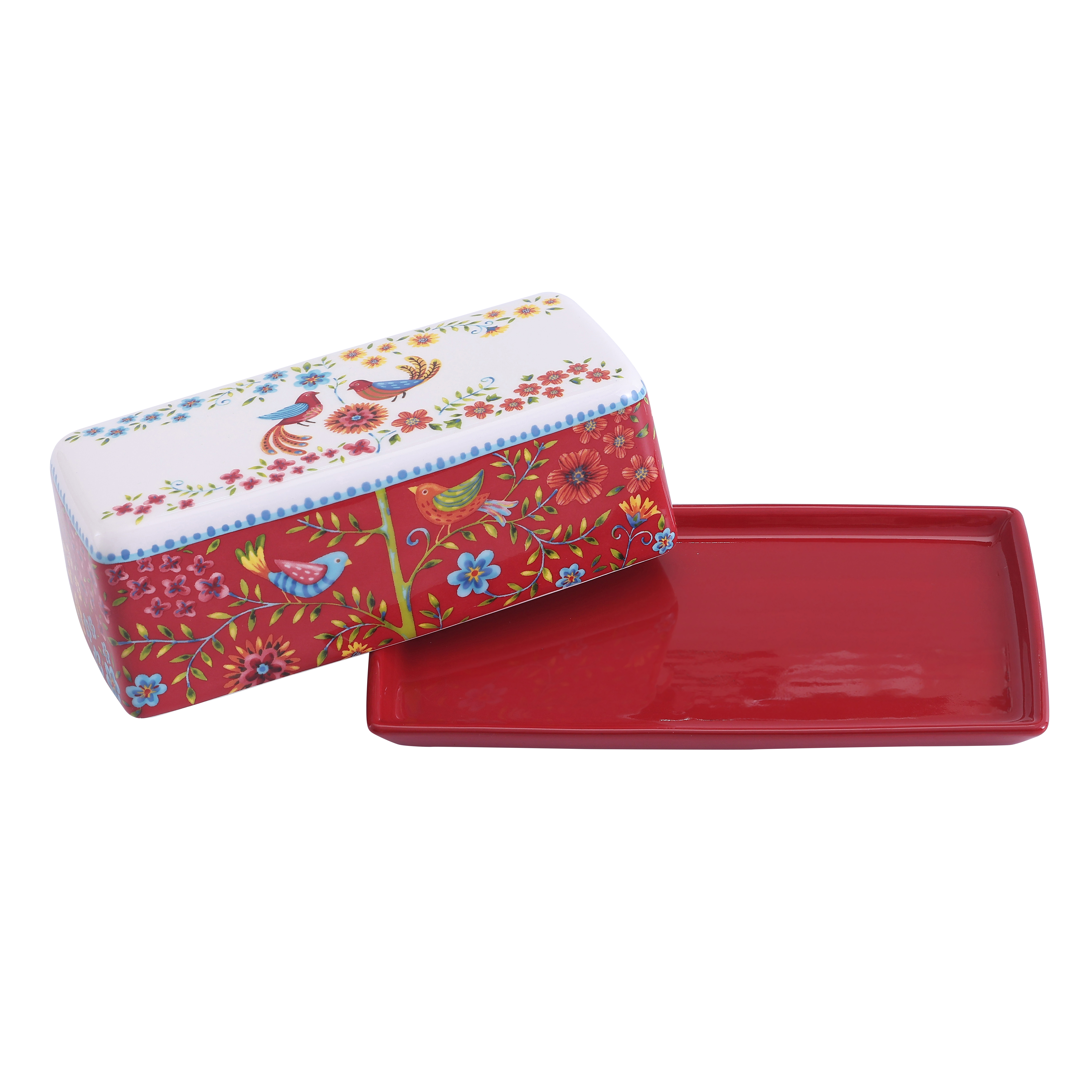 Bico Red Spring Bird Ceramic Butter Dish with Lid， Butter Keeper for Counter， Kitchen， Dishwasher Safe