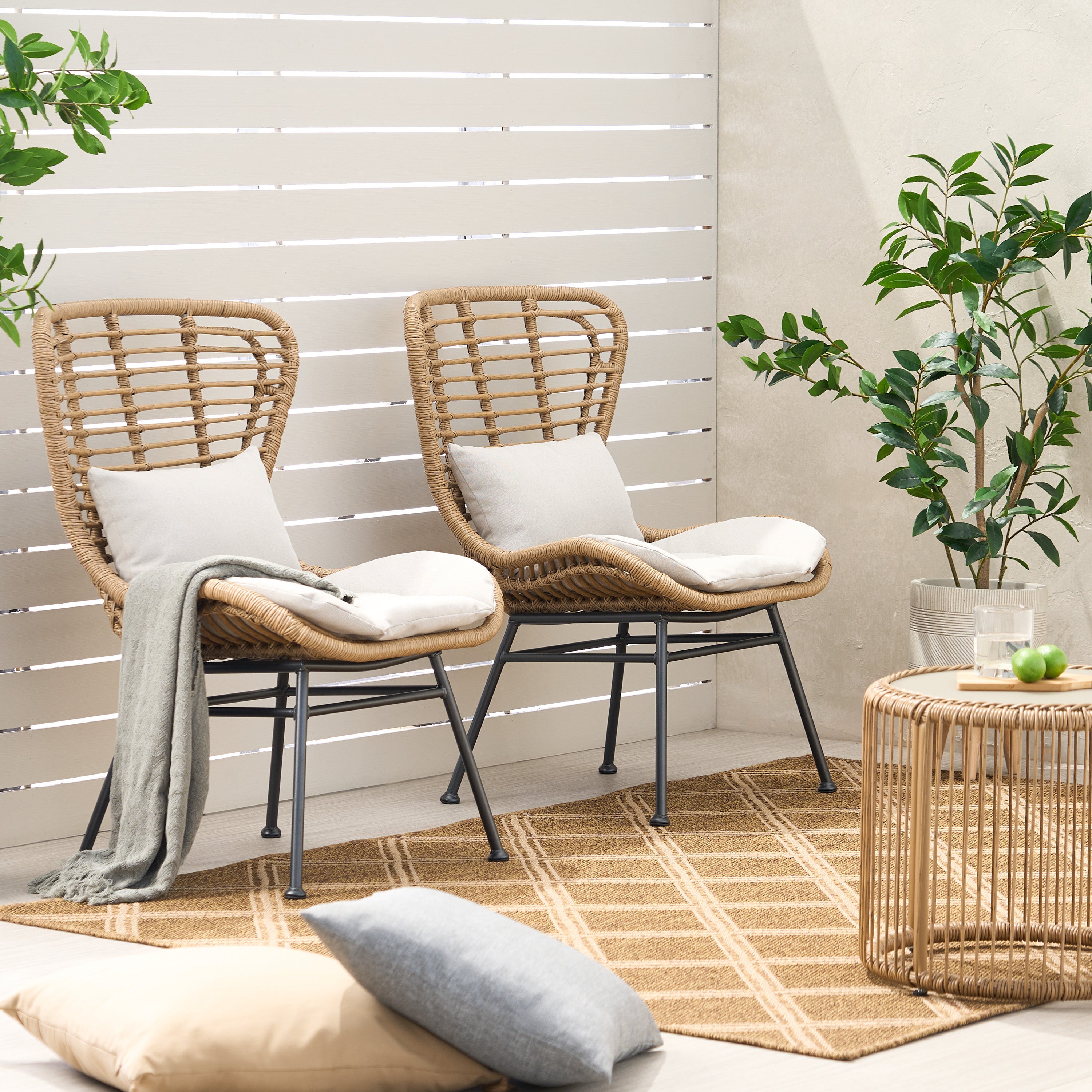 Keslynn Outdoor Modern Boho 2 Seater Wicker Chat Set with Side Table