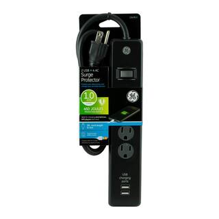 GE 3 ft. 4-Outlet and 2-USB Port 1.0 Amp 450 Joules Surge Protector Black 13478