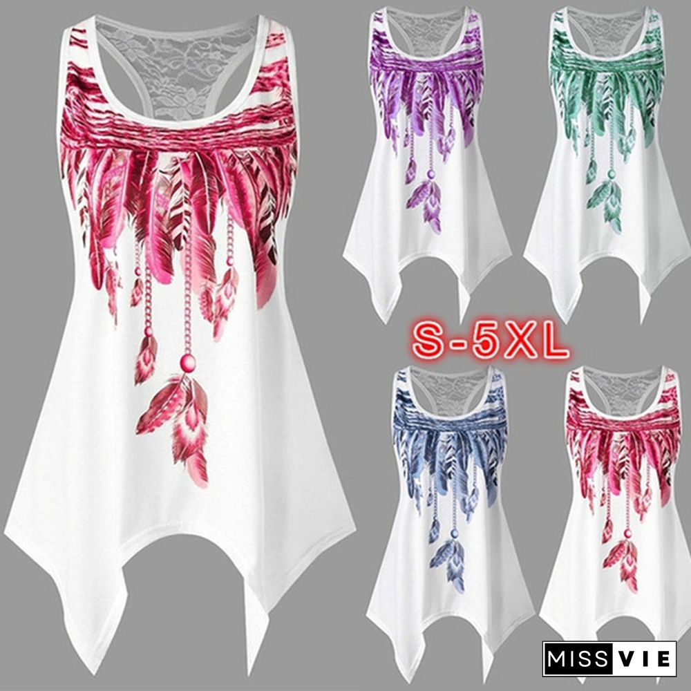 Summer Fashion Women Tank Tops Women Sleeveless Crop Tops Casual Style Women Cotton Print Lace Stitching Irregular Blouse Tops£ ̈S-5XL)