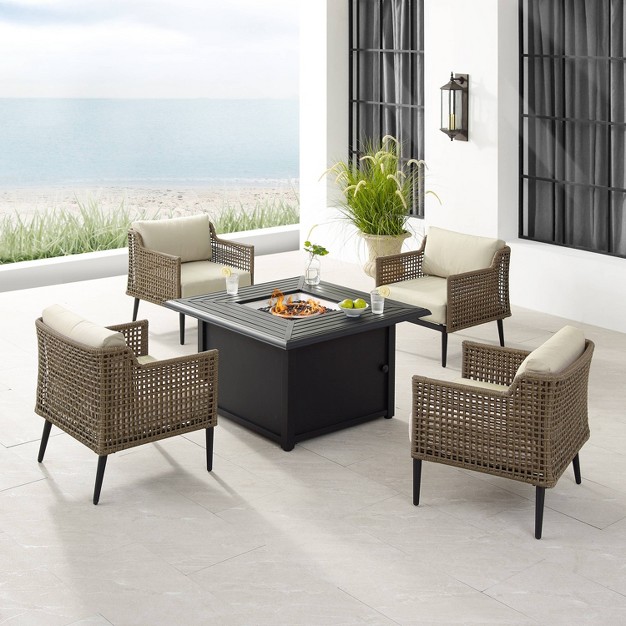 Southwick 5pc Outdoor Wicker Conversation Set With 4 Arm Chairs amp Dante Fire Table Cream light Brown Crosley