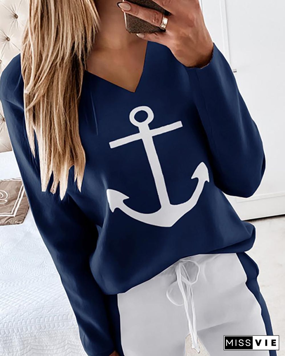 Boat Anchor Print Long Sleeve Top & Drawstring Waist Pants Set P10260