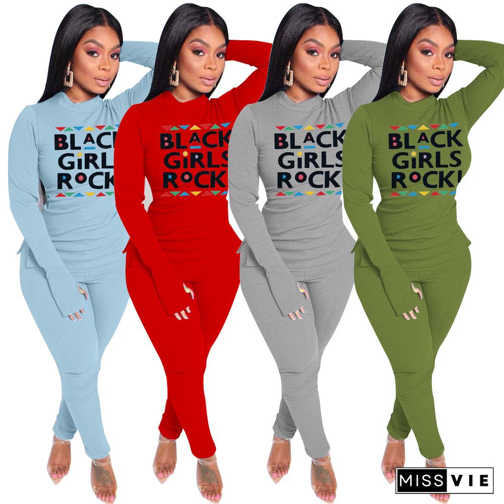 Print Women Long Sleeve T-shirt Pants Two Piece Set Fitness Outfit