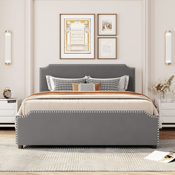 Upholstered Platform Bed with Stud Trim Headboard ...