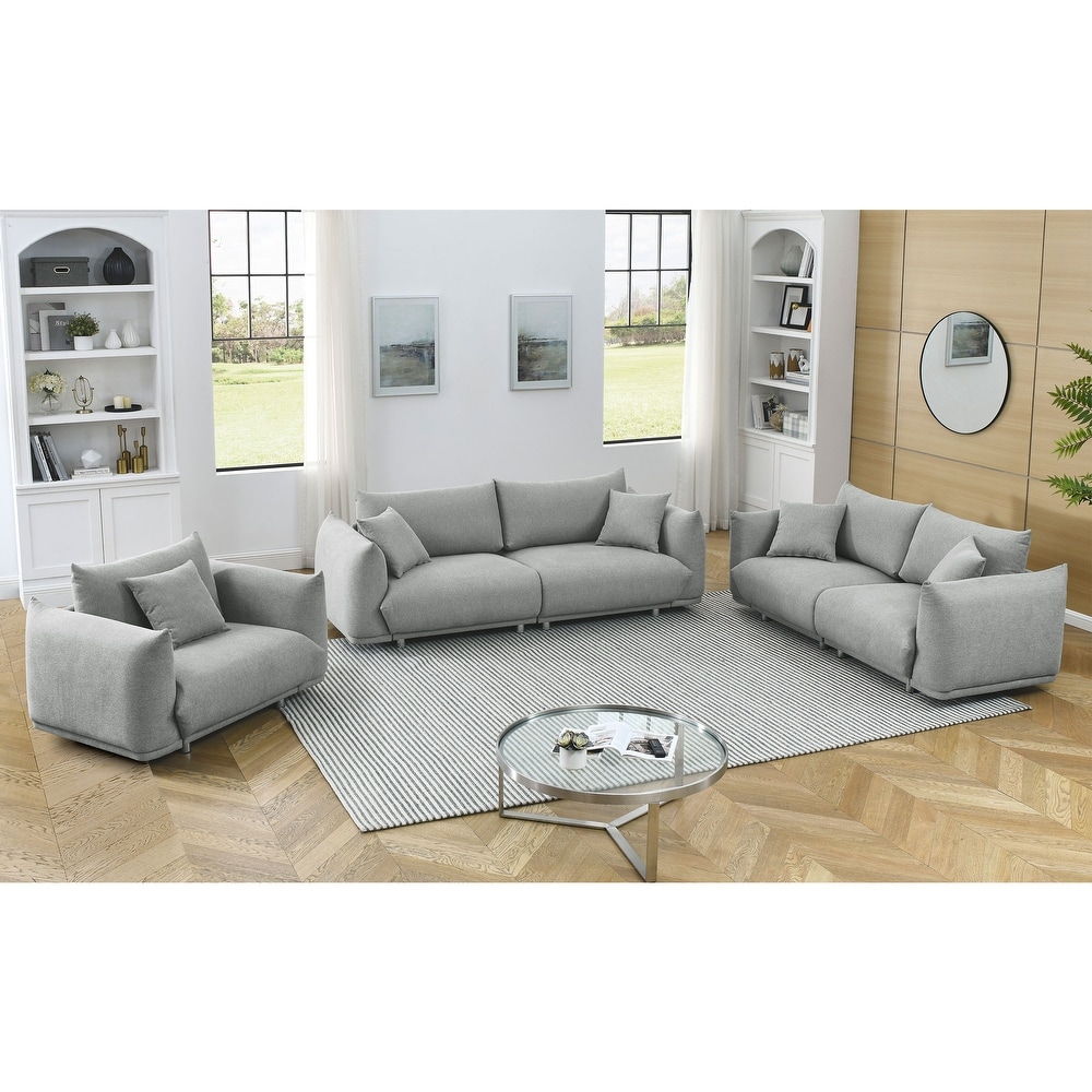 1+2+3 Seat Sectional Sofa Set  Deep Seat 3pc Sofa Set with 5 Pillows  Fabric Upholstered Couch for Living Room  Grey