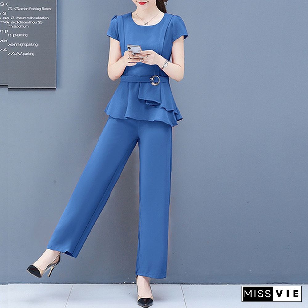 Summer 2 Two Piece Sets Outfits Women Plus Size Short Sleeve Tunics Tops And Pants Suits Office Elegant Korean Sets