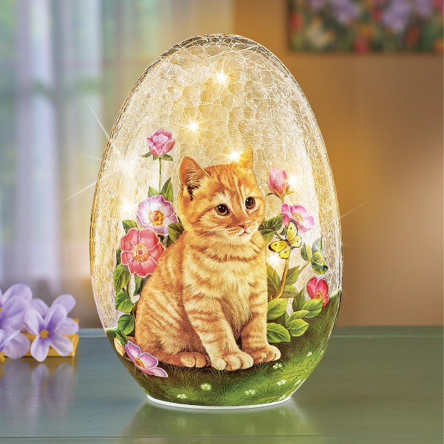 Collections Etc Adorable Cat And Butterflies Led Lighted Glass Egg 5 75 X 5 25 X 8 5 Clear