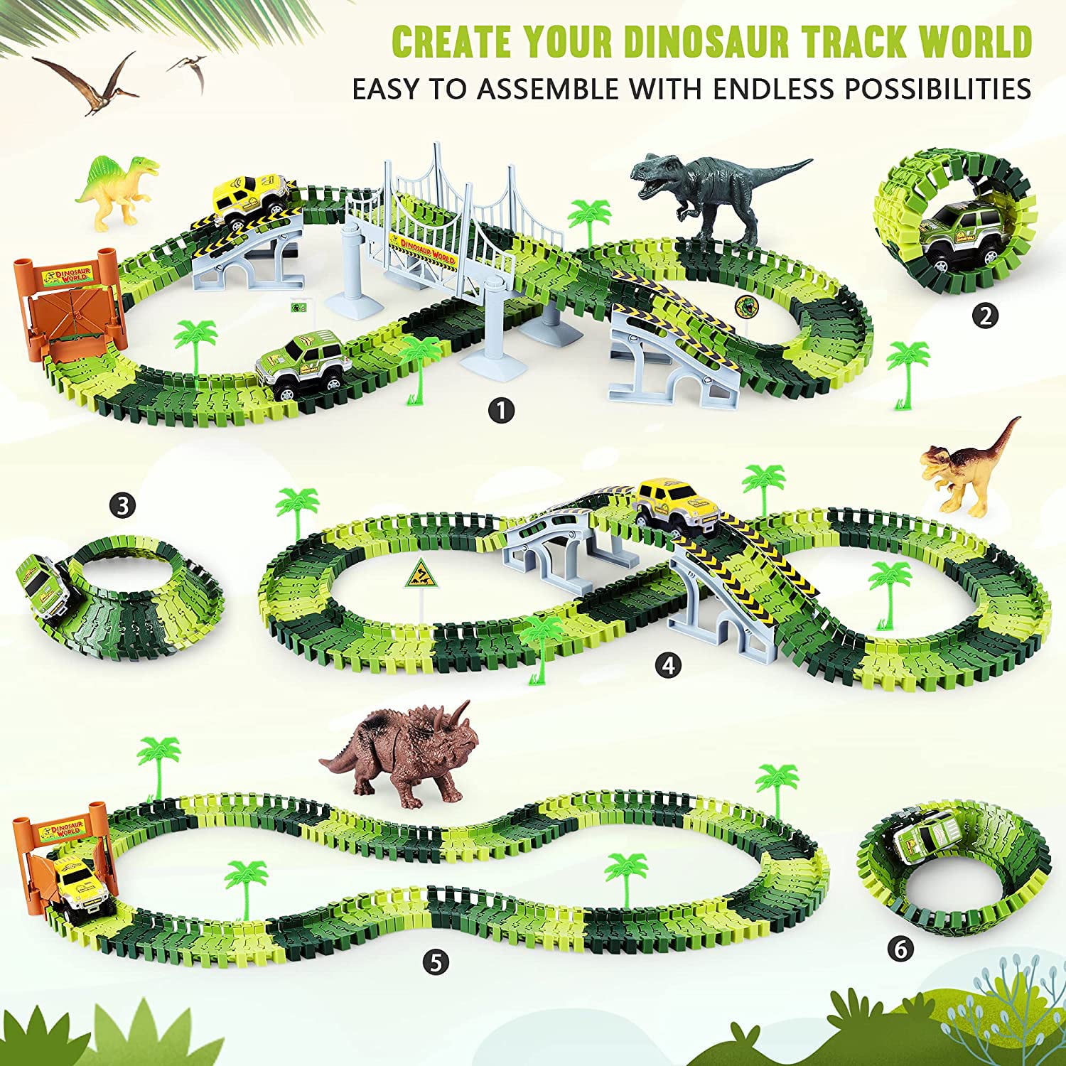 Dinosaur Toys Race Car Track STEM Vehicle Playsets Dinosaur World Road Toys for boys 3-6 Years Best Gift