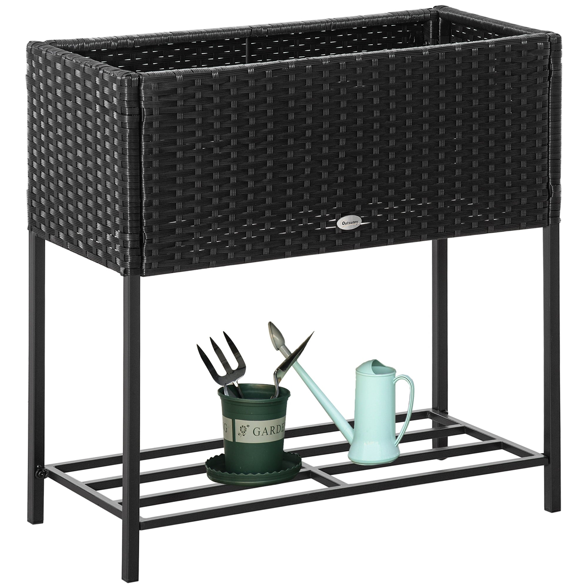 Outsunny Elevated Metal Raised Garden Bed with Rattan Wicker Look, Underneath Tool Storage Rack, Sophisticated Modern Design, Black