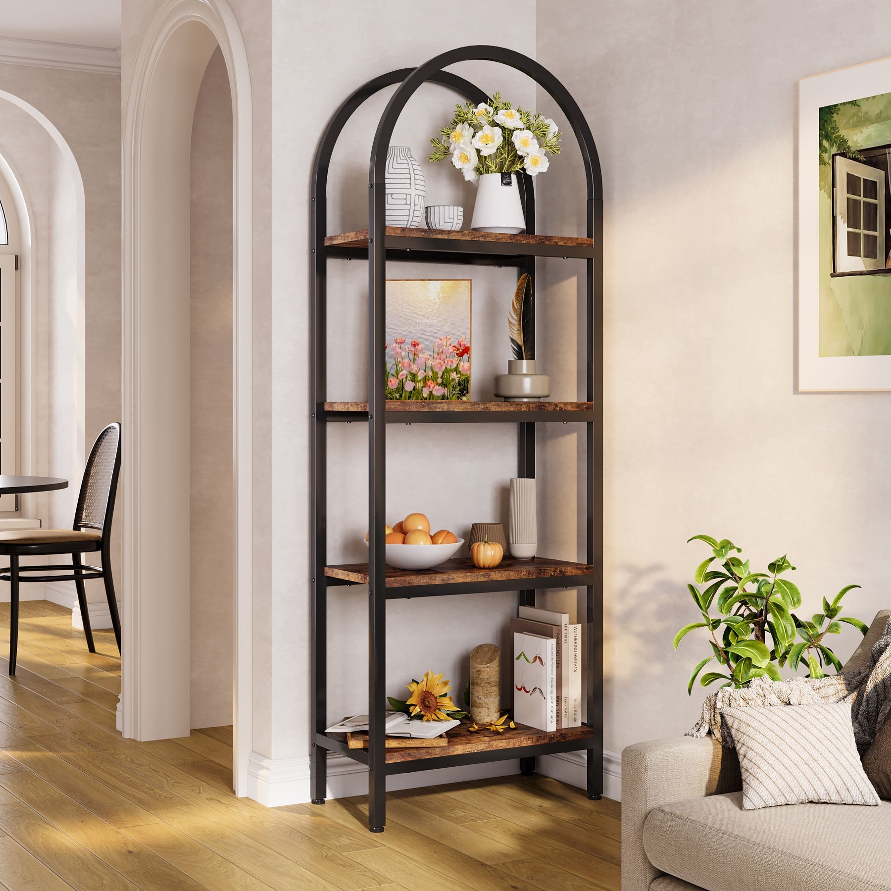 4-Tier / 5-Tier Bookshelf, Arched Bookcase Display Rack with Storage Shelves