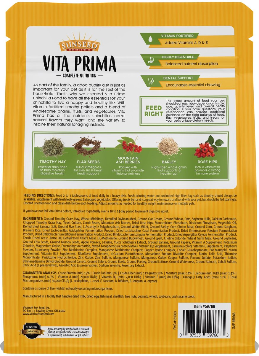 Sunseed Vita Prima Chinchilla Food， 3-lb bag