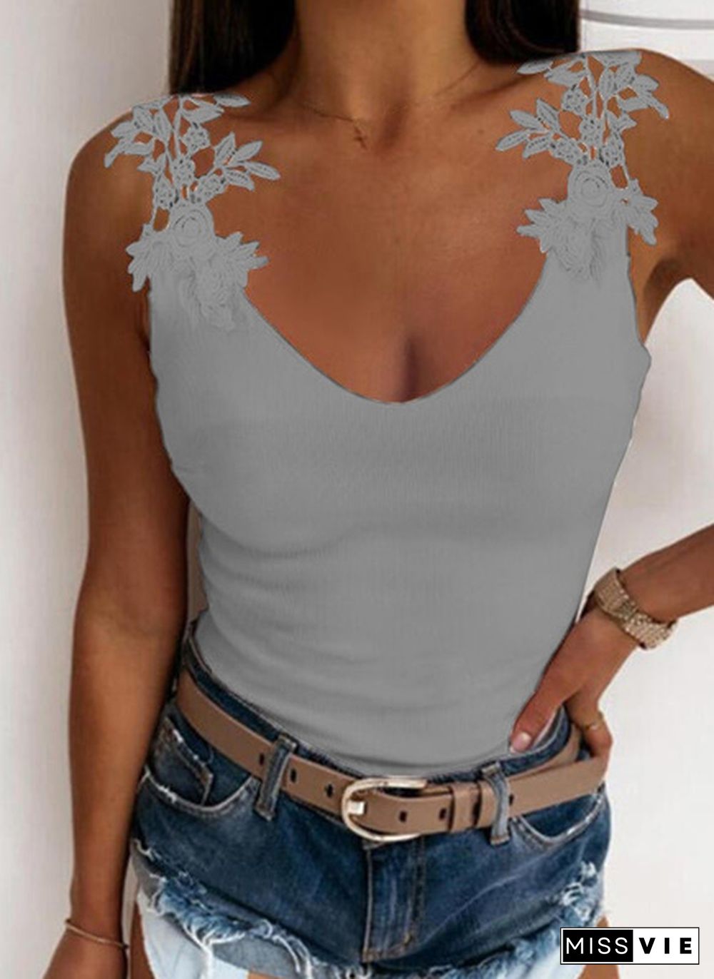 Women Fashion Lace Print Solid Color Round Neck Sleeveless Tank Tops Slim Fit Summer Sleeveless Tops