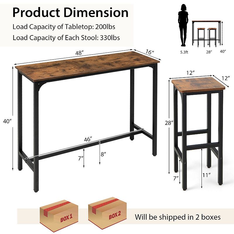 2 Pieces 28 Inch Dining Bar Chair Set with Footrest and Adjustable Pads-Rustic Brown