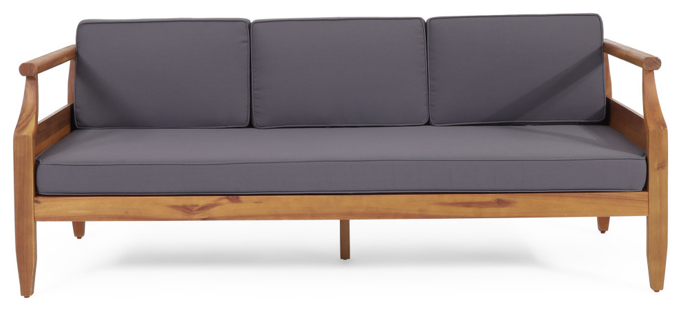 Bianca Outdoor Mid Century Modern Acacia Wood 3 Seater Sofa  Teak/Dark Gray   Midcentury   Outdoor Sofas   by GDFStudio  Houzz