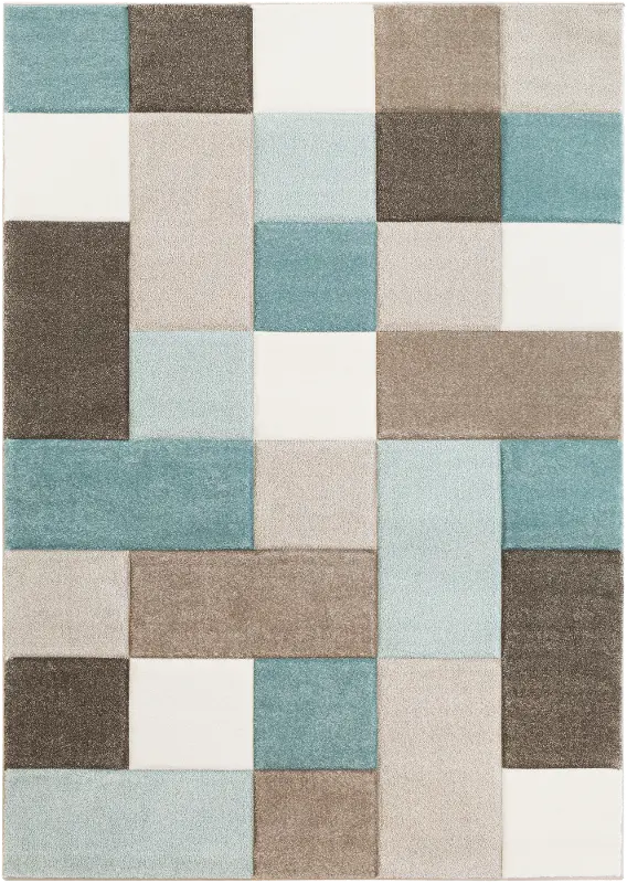 Santa Monica 5 x 8 Taupe and Aqua Color Block Area Rug