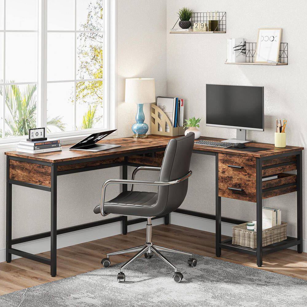 TRIBESIGNS WAY TO ORIGIN 59 in. L-Shaped Rustic Brown Wood 2 Drawer Computer Desk with Lift Top and Shelf HD-F1607