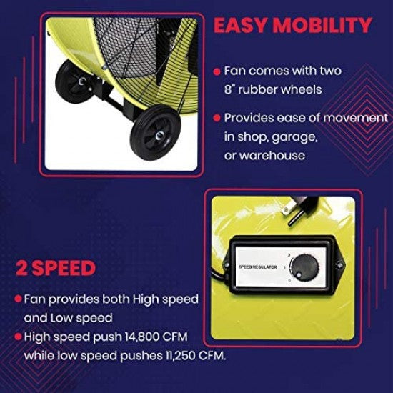 K Tool International 42′′ Belt Drive Drum Fan; Industrial, Garage, Shop, High Speed 2-Speed, Durable, Cut-Off Protection, Easy Mobility Rubber Wheels; SAFETY YELLOW KTI77743