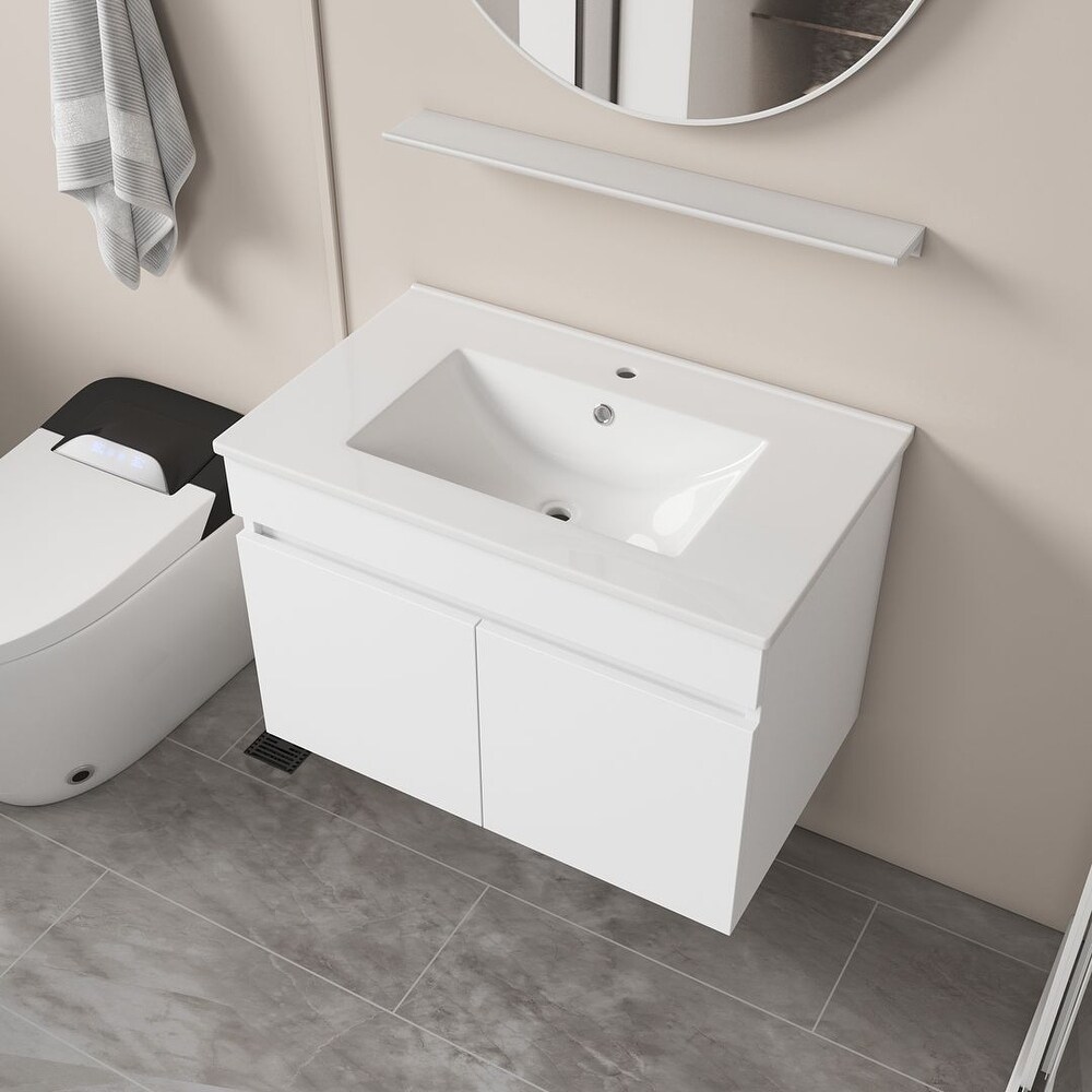 Wall Mounted Bathroom Vanity with White Ceramic Basin Solid Wood Excluding faucets