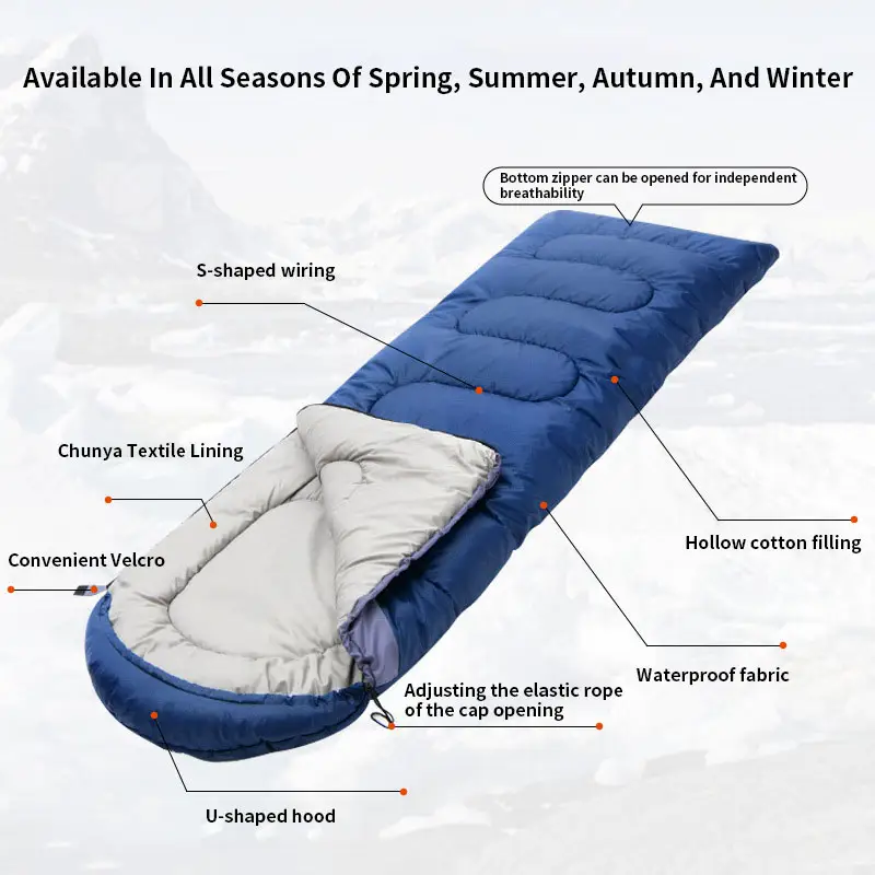 Stock Materials Hot Sale Winter Sleeping Bag Envelop with hood Waterproof Outdoor Camping