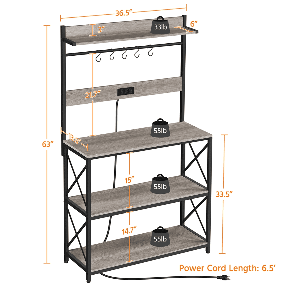 Topeakmart 63H 4-Tier Kitchen Baker's Rack with 2 AC Outlets， Gray