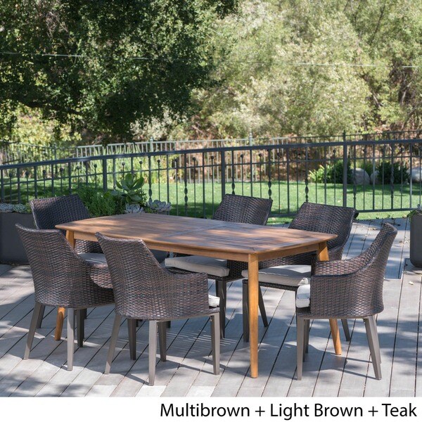 Axel Outdoor 7piece Rectangular Wicker Wood Dining Set with Cushions by Christopher Knight Home