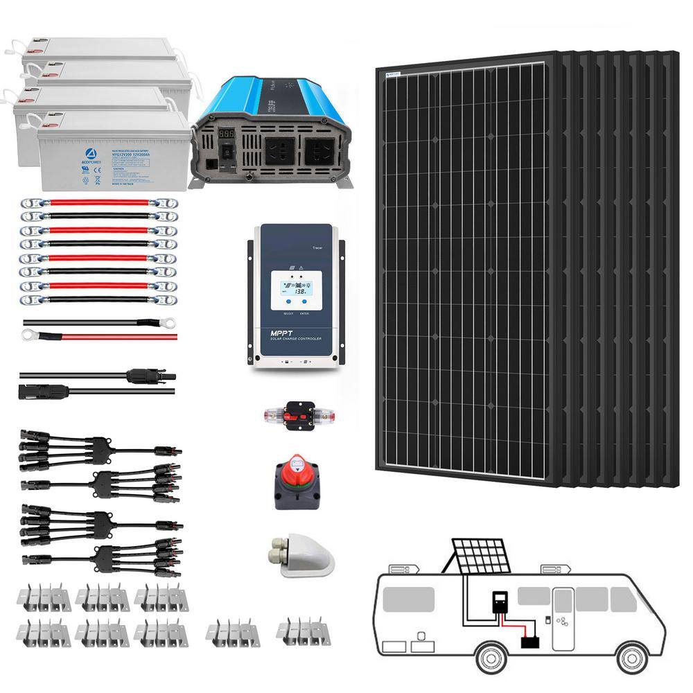 ACOPower 800-Watt Black Monocrystalline OffGrid Solar Power Kit 8 x 100-Watt Solar Panel with 4 x 200Ah Gel Deep Cycle Batteries 800AH3KW-800WMB