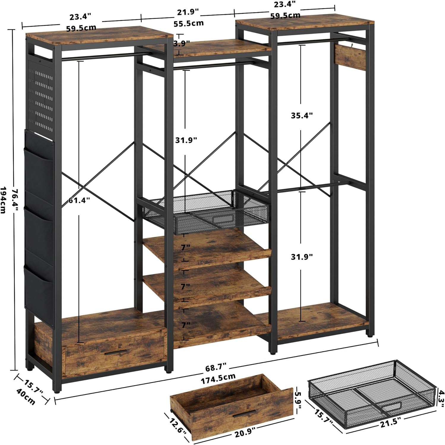 Clothes Rack Garment Rack with Hanging Rods, Shelves, and Storage Drawer