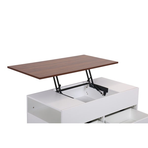 Luna White Coffee Table with Brown Walnut Finish Lift Top， 2 Drawers， and 2 Shelves