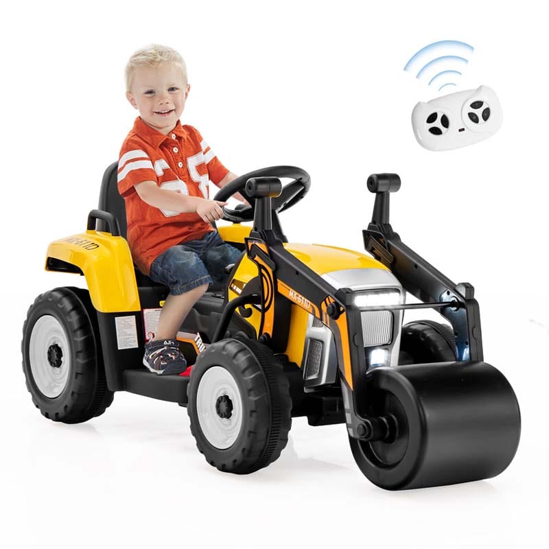 12V Kids Ride On Road Roller with Drum Roller, Battery Powered Electric Tractor RC Construction Vehicle